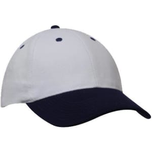 A white cap with a navy blue brim, featuring a logo on the front.