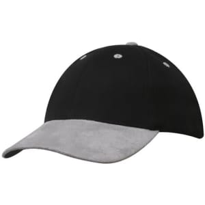 A black cap with a grey suede peak and contrasting stitching, featuring a logo on the front.