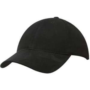 A black cap with a brushed heavy cotton fabric and a suede peak, featuring a logo.