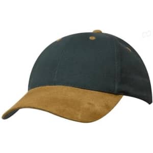 A cap featuring a dark green brushed heavy cotton body with a tan suede peak, complete with a logo.