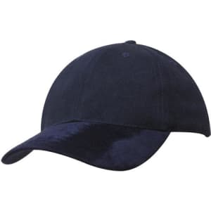 A navy blue cap featuring a brushed heavy cotton body with a suede peak and a logo on the front.