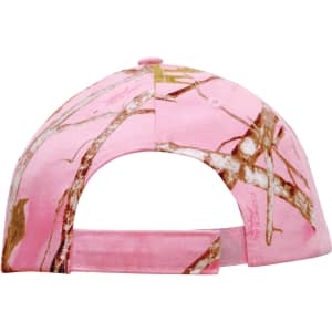 A pink camouflage cap featuring a floral pattern and an adjustable strap at the back. It includes a logo.