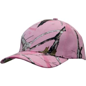 A pink camouflage 6-panel cap with a logo, featuring branches and natural tones throughout.