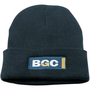 A dark green wool/acrylic roll-up beanie with a logo on the front.
