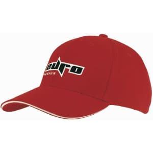 A red brushed heavy cotton cap with sandwich trim and a logo on the front.