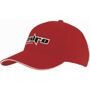 A red cap with a sandwich trim and a logo on the front. Features a classic baseball cap design.