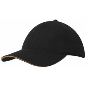 A black cap with a contrasting sandwich trim and a curved peak, featuring a logo on the front.