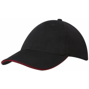 A black cap with a red sandwich trim and a structured visor, featuring a logo on the front.