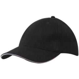 A black cap with a sandwich trim and a curved brim, featuring a logo on the front.