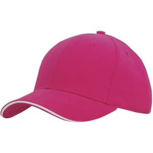 A pink cap with a contrasting trim, featuring a rounded crown and a curved peak. It has a logo on the side.