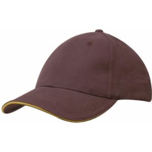 A brown cap with a yellow sandwich trim and a logo on the front.