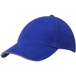 A blue cap with a curved visor and a sandwich trim detail, featuring a logo on the front.