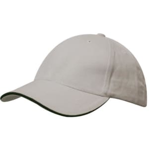 A white cap with a green sandwich trim and a rounded peak, featuring a logo on the front.