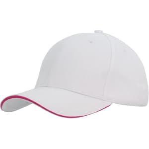 A white cap with pink sandwich trim, featuring a rounded peak and a brand logo on the front.