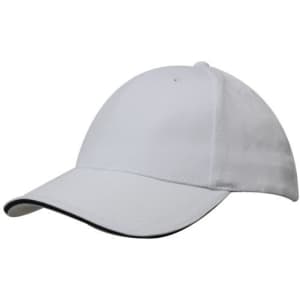 A white cap with a sandwich trim, featuring a structured crown and a curved brim. It has a logo present.