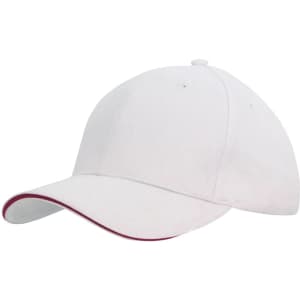 A white cap with a red sandwich trim and a curved brim, featuring a logo on the front.