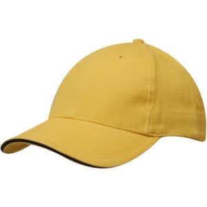 A yellow cap featuring a sandwich trim along the brim and a logo on the front.
