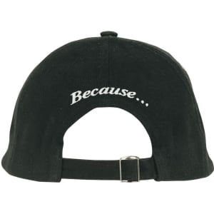 A black brushed heavy cotton cap with metal eyelets and a buckle, featuring embroidered text on the back.