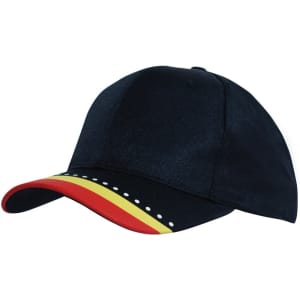 A black cap featuring a multi-coloured printed peak in red, yellow, and white, with a logo on the front.
