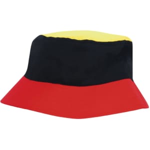 A multicoloured bucket hat featuring black, yellow, and red sections, with a logo present.