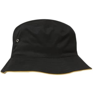 A black bucket hat with a yellow trim and a logo. Ideal for casual headwear.