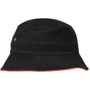 A black bucket hat with an orange trim and a small logo on the side.