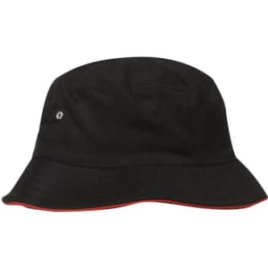 A black bucket hat with a red trim and a small logo on the side.