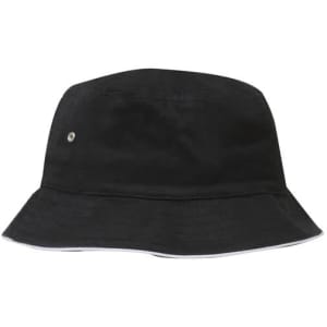 A black bucket hat made from brushed sports twill, featuring a small logo on the side.