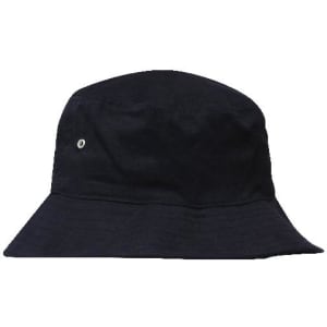 A black brushed sports twill bucket hat featuring a small logo and a wide brim.