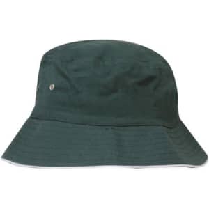 A green brushed sports twill bucket hat with a wide brim and a logo on the side.