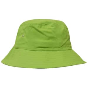 A green bucket hat with a wide brim and a small logo, featuring a brushed sports twill fabric.