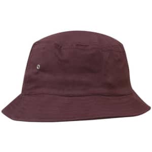 A burgundy Brushed Sports Twill Bucket Hat featuring a subtle logo on the side.
