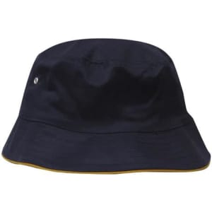 A navy blue brushed sports twill bucket hat featuring a yellow trim and a small logo detail.