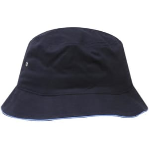 A navy blue bucket hat made from brushed sports twill, featuring a small logo.