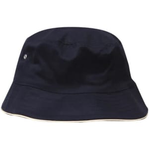 A navy blue bucket hat with a slight brim, featuring a small logo on the side.
