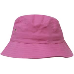 A pink brushed sports twill bucket hat with a wide brim and an eyelet for ventilation.