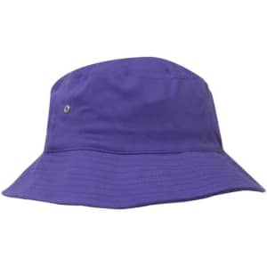 A purple brushed sports twill bucket hat with a wide brim and a logo on the side.