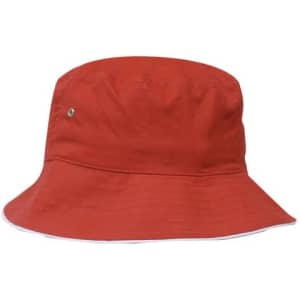 A red brushed sports twill bucket hat featuring a small logo detail. The hat has a wide brim for sun protection.