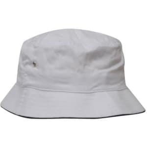 A white bucket hat with a branded logo, featuring a broad brim and a classic design.