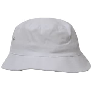 A white bucket hat made from brushed sports twill with a small logo on the side.