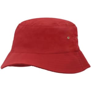 A red bucket hat with a wide brim and small metal vents on the sides. It features a logo on the front.