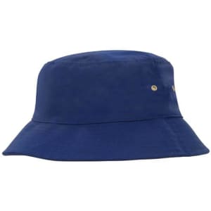A navy blue bucket hat with a structured brim and small metallic accents. Features a logo on the side.