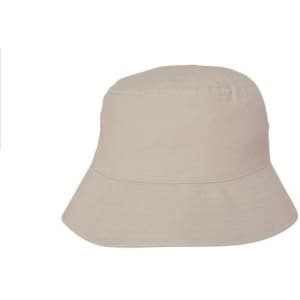A beige bucket hat with a wide brim and a simple design, featuring a logo.
