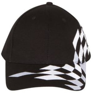 A black cap featuring a checkered pattern in white, with a logo present on the design.