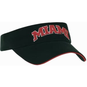 A black cotton visor with a red embroidered 'MIAMI' text and a red trim along the brim.