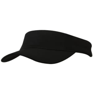 A black brushed heavy cotton visor with a curved brim and adjustable strap at the back. Features a logo.