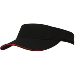 A black visor with a red trim and a logo on the side. Made from brushed heavy cotton material.