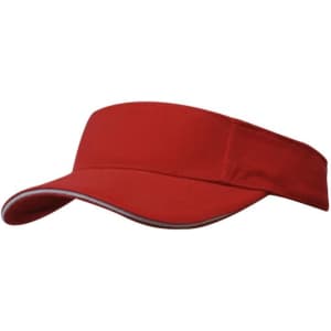 A red brushed heavy cotton visor with a contrasting trim and a logo.