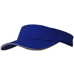 A blue brushed heavy cotton visor with a contrasting trim and a logo on the front.
