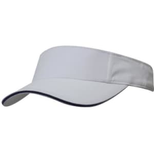 A white brushed heavy cotton visor with a contrasting trim and a logo on the band.